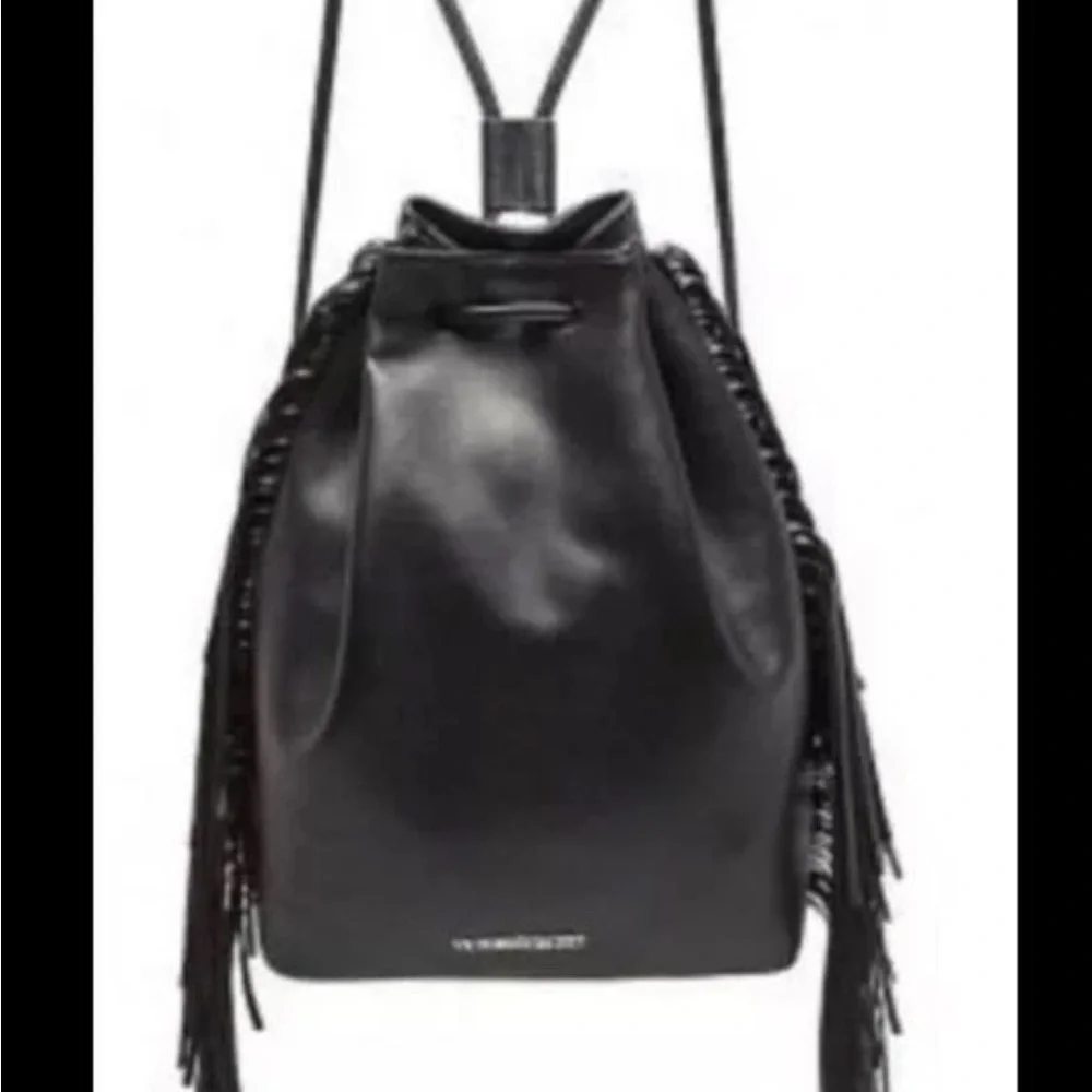 Victoria's Secret Black Leather‎ Style Backpack with Fringe Detailing 5231